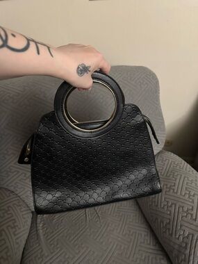 Black Quilted Mini Top-Handle Bag with Gold Ring Handles